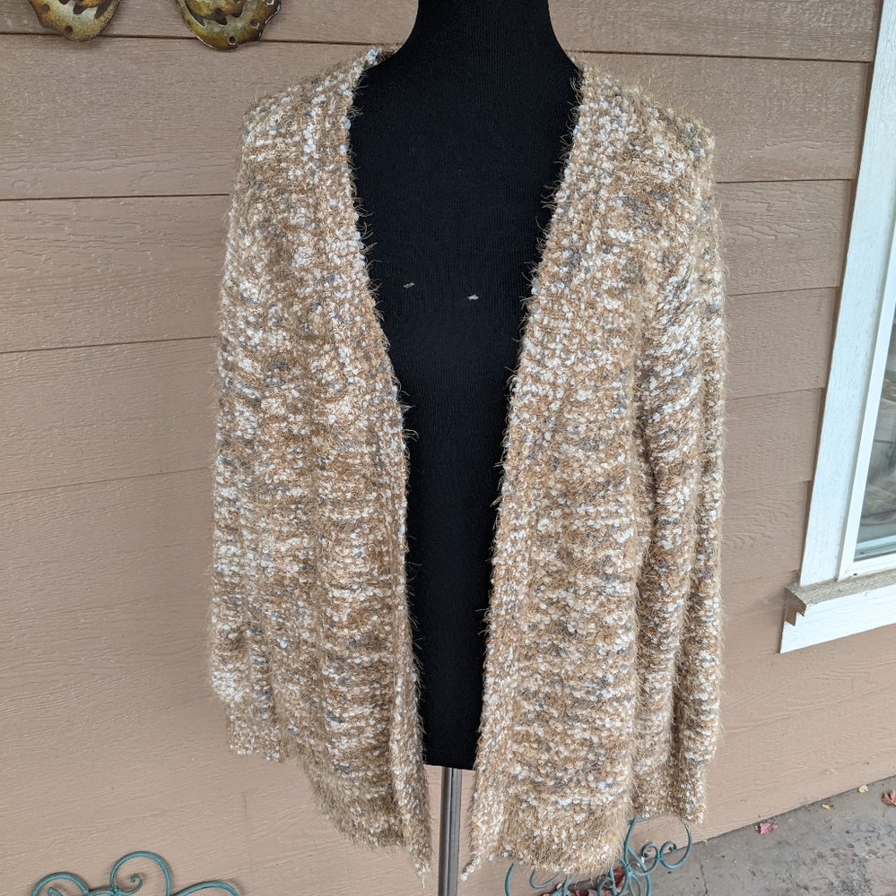 Tan Textured Cardigan Sweater with Open Front